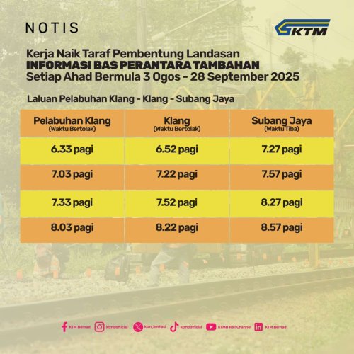 KTM, KTM track work from Klang to Abdullah Hukum – no Komuter trains to KL Sentral every Sun till Sept 28