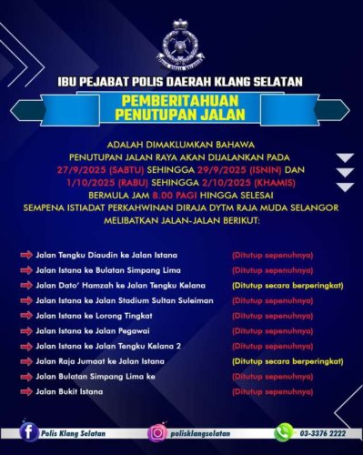 Klang road closures Sept 27-29, October 1-2 for DYTM Raja Muda Selangor royal wedding – full schedule here