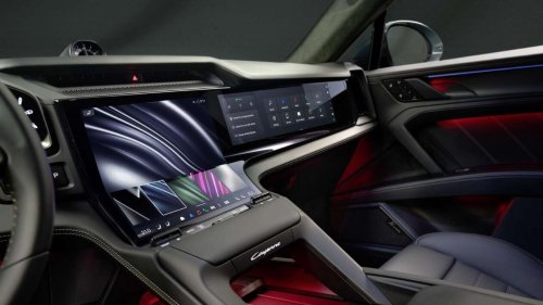 Porsche, Porsche Cayenne, Porsche Cayenne Electric – radical all-screen interior with curved Flow Display, physical air-con controls