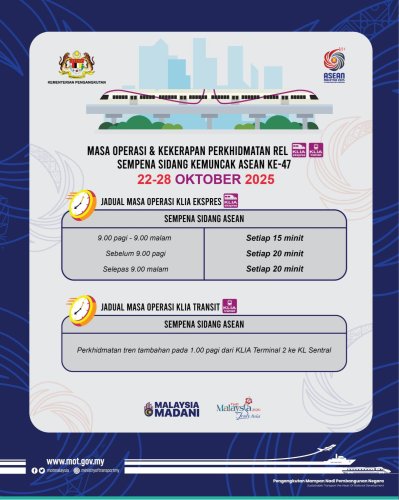 47th ASEAN Summit 2025 – longer LRT peak timings; Rapid KL, KLIA Express train frequencies increased
