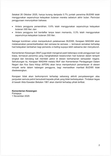 Budi95 first month – over 13m users, RM800m in subsidies paid, 0.6% of drivers exceeded 300L limit