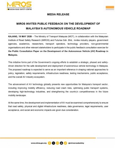 MIROS inviting public feedback on development of Malaysia’s autonomous vehicle roadmap