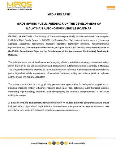 MIROS inviting public feedback on development of Malaysia’s autonomous vehicle roadmap
