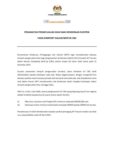 MITI confirms changes to CBU EV policy, minimum CIF value of RM200k, at least 245 PS, effective July 1, 2026