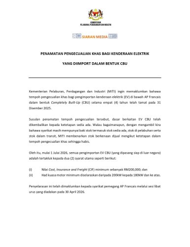 MITI confirms changes to CBU EV policy, minimum CIF value of RM200k, at least 245 PS, effective July 1, 2026