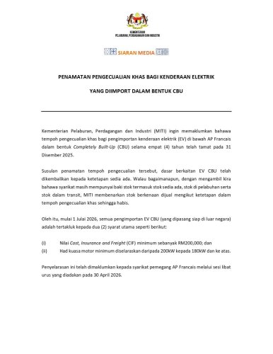 MITI confirms changes to CBU EV policy, minimum CIF value of RM200k, at least 245 PS, effective July 1, 2026