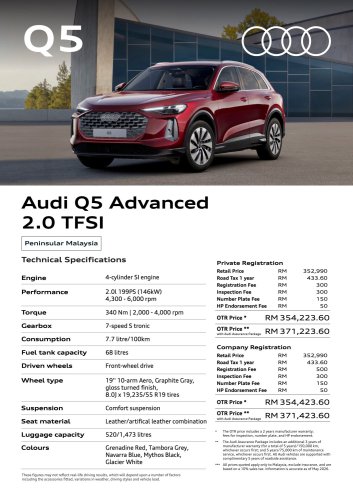 Audi, Audi Q5, 2026 Audi Q5 in Malaysia – Q5 Advanced 2.0 TFSI, RM354k; Q5 Sportback S line 2.0 TFSI quattro RM423k