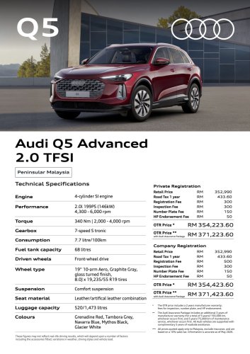 Audi, Audi Q5, 2026 Audi Q5 in Malaysia – Q5 Advanced 2.0 TFSI, RM354k; Q5 Sportback S line 2.0 TFSI quattro RM423k