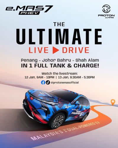 Proton, PHEV, Proton eMas 7 PHEV teaser – “dual-powered EV” to do Penang – JB – Shah Alam 1,000 km drive livestream