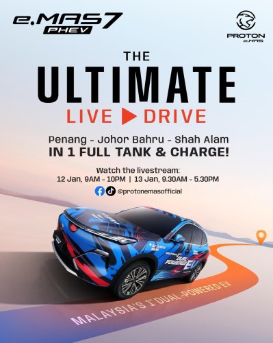 Proton, PHEV, Proton eMas 7 PHEV teaser – “dual-powered EV” to do Penang – JB – Shah Alam 1,000 km drive livestream