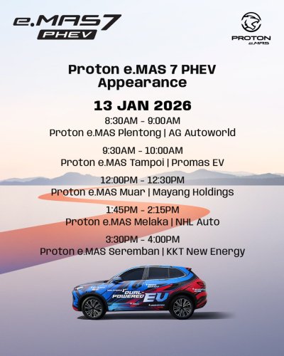 Proton, PHEV, Proton eMas 7 PHEV teaser – “dual-powered EV” to do Penang – JB – Shah Alam 1,000 km drive livestream