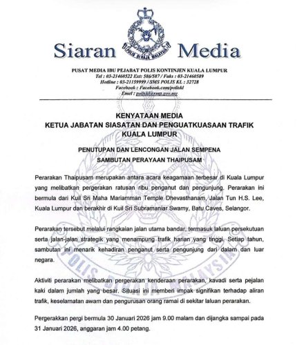 Traffic police announce road closures for Thaipusam in Kuala Lumpur – Jan 30-31 and Feb 2-3