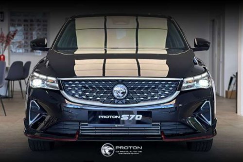 2026 Proton S70 shown – i-GT 4-cyl, new headlights and wheels, bodykit with red lines, Giti tyres