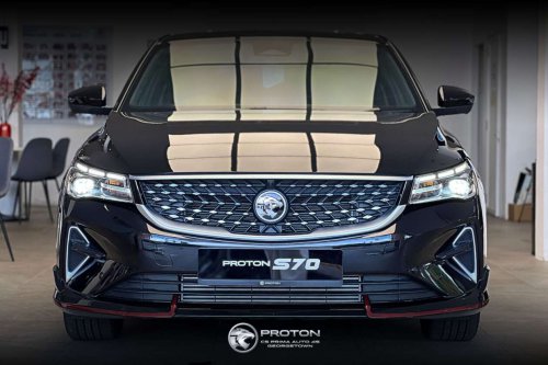 2026 Proton S70 shown – i-GT 4-cyl, new headlights and wheels, bodykit with red lines, Giti tyres