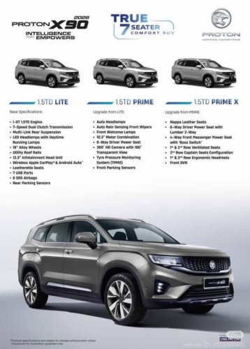 2026 Proton X90 MC brochure leaked – 181 PS/290 Nm 1.5L turbo i-GT 4-cyl from X50, X70, S70; three variants