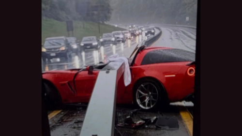 Driver Survives Horrific Corvette Crash After Car Slides Under Guardrail