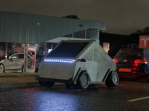 Cybertruck, Tesla, He Turned a Dumpster Into a Drivable Fake Cybertruck and Camped Outside a Tesla Dealership