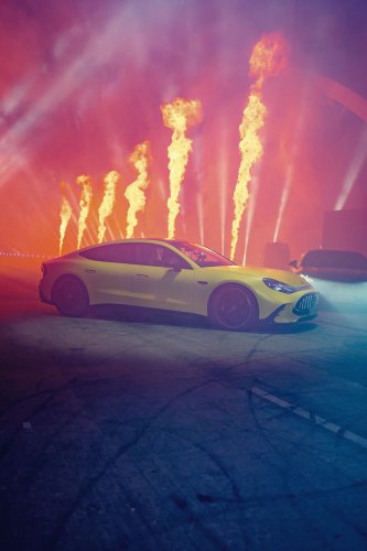 Mercedes, Blink-182, Brad Pitt, and George Russell Join Mercedes-AMG to Unveil a Fun-Forward EV
