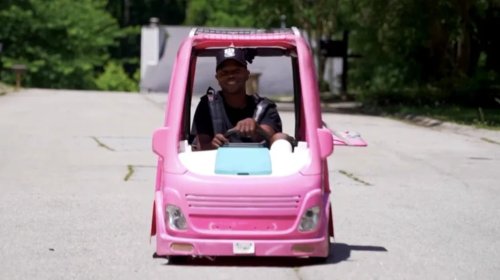 Man Sticks Power Washer Engine In Barbie Power Wheels Car To Keep Gas Budget In Check