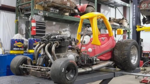 Man Sticks Power Washer Engine In Barbie Power Wheels Car To Keep Gas Budget In Check