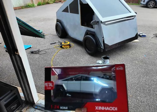 He Turned a Dumpster Into a Drivable Fake Cybertruck and Camped Outside a Tesla Dealership